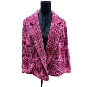 J Jill Chenille Tweed Chenille Open Front Blazer Jacket Pink Red Pockets S Tall